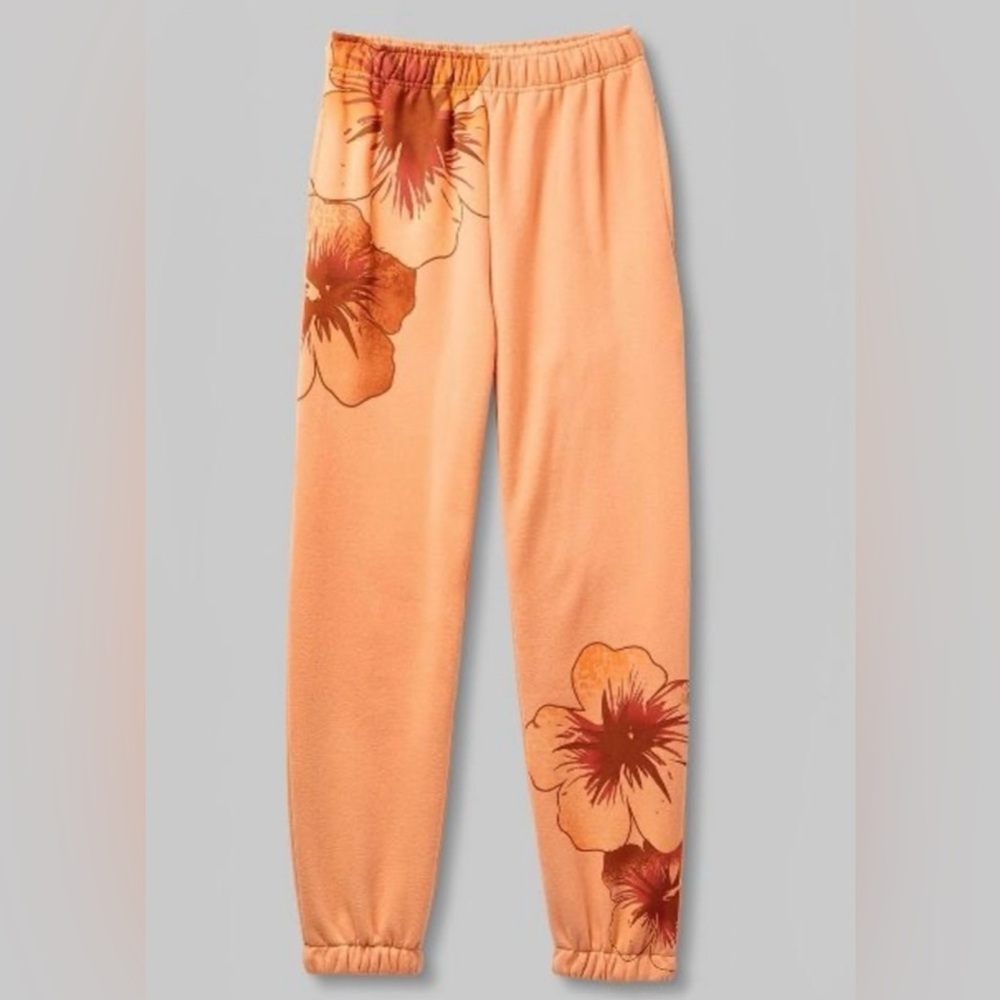 •Small• New Ladies Wild Fable Peach Orange Hibiscus Sweatpants W/ Drawstring